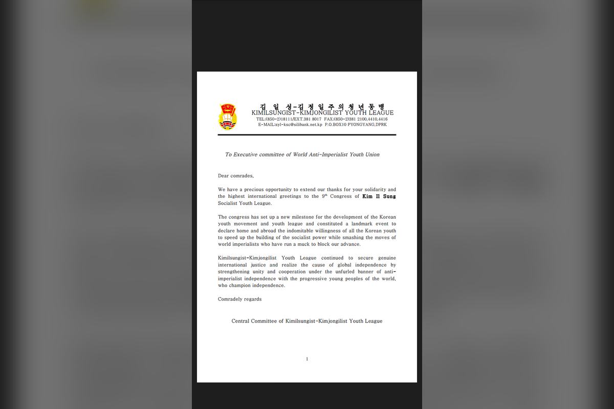 La lettre de l’Union de la jeunesse kimilsungiste-kimjongiliste à WAYU