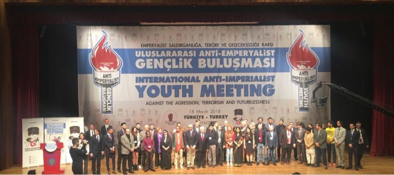 Delegates on stage at the International Anti-Imperialist Youth Meeting, Istanbul 2018
