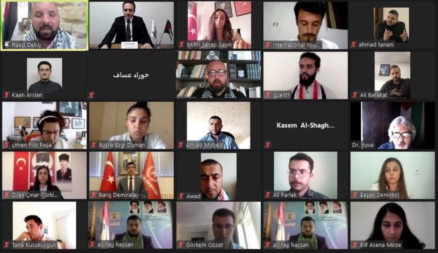 Participants of the International Youth Conference on Independent Palestine on screen