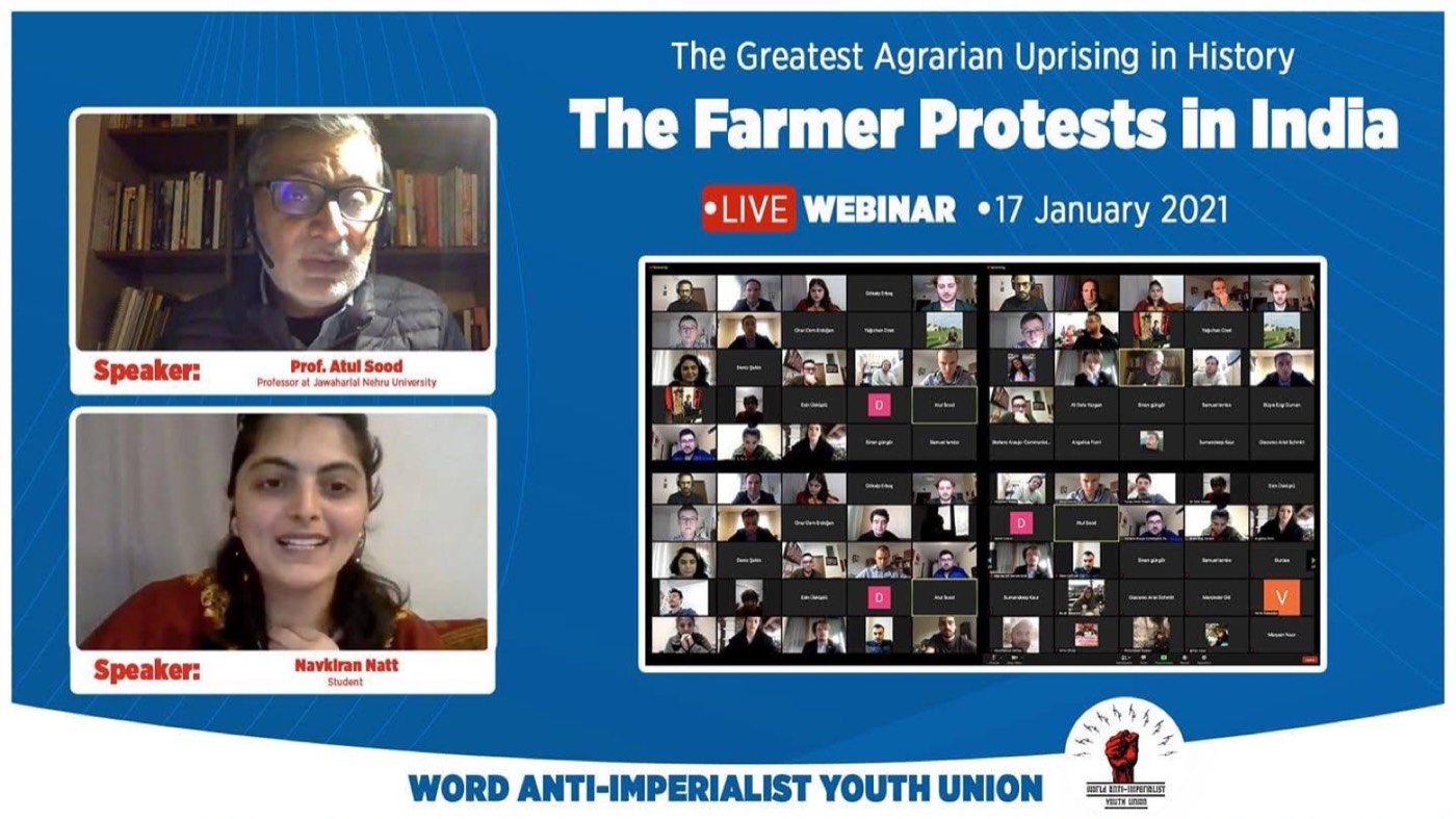 Screen of the WAYU webinar on the farmer protests in India