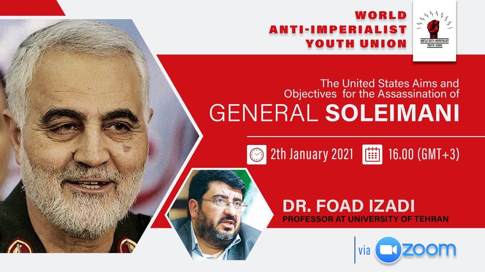 Poster of the WAYU online conference on the assassination of General Soleimani