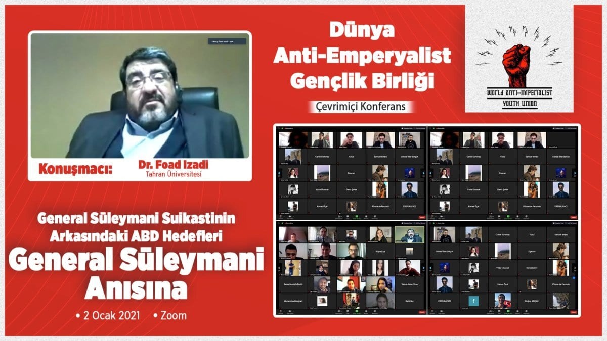 The WAYU poster for the conference, with speaker Dr Foad Izadi and a screen of online participants.